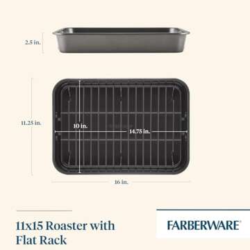 Farberware Bakeware Nonstick Steel Roaster with Flat Rack, 11-Inch x 15-Inch, Gray