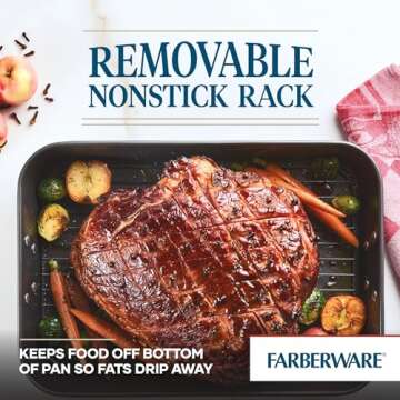 Farberware Bakeware Nonstick Steel Roaster with Flat Rack, 11-Inch x 15-Inch, Gray