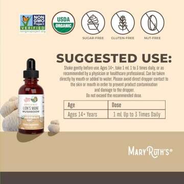 MaryRuth Organics Lions Mane Mushroom Supplement, Upto 2 Month Supply, Nootropic USDA Organic Lions Mane Extract Nervine Herbal Liquid Drops, Brain Health Non-GMO Vegan Alcohol Free Tincture, 1 Fl Oz