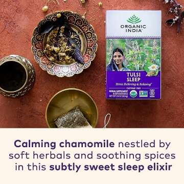 ORGANIC INDIA Tulsi Sleep Herbal Tea - Holy Basil, Ashwagandha, Chamomile, Night Time Tea for Bedtime, Stress Relieving & Relaxing, Immune Support, USDA Certified Organic - 18 Infusion Bags, 3 Pack