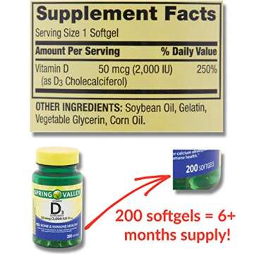 Vitamin D3 2000iu Softgels (50 mcg) (200 Count - 6+ Month Supply) Bone & Immune Health from Spring Valley. + 'No Fluff' Supplement Guide