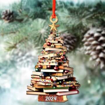 Pack 2 Book Tree Christmas Ornament (1 Wood+1 Acrylic), 2024 Bookworm Christmas Ornaments 2D Flat, Bookshelf Xmas Ornament, Gift for Lover Reading Teacher, Librarian, Book Nerd Friends Keepsake Gifts