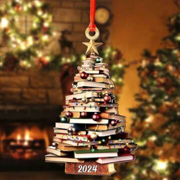 Pack 2 Book Tree Christmas Ornament (1 Wood+1 Acrylic), 2024 Bookworm Christmas Ornaments 2D Flat, Bookshelf Xmas Ornament, Gift for Lover Reading Teacher, Librarian, Book Nerd Friends Keepsake Gifts