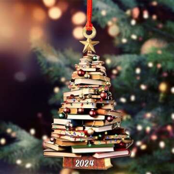 Pack 2 Book Tree Christmas Ornament (1 Wood+1 Acrylic), 2024 Bookworm Christmas Ornaments 2D Flat, Bookshelf Xmas Ornament, Gift for Lover Reading Teacher, Librarian, Book Nerd Friends Keepsake Gifts