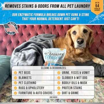 Pet Laundry Detergent Odor Remover - ACTIVE Enzyme Based Powder Detergent for Dogs Beds, Cat Pee, HE Washer Friendly Natural Enzymatic Deodorizer, Urine, Smell, Dog Drool, Stain Eliminator - 64 Loads