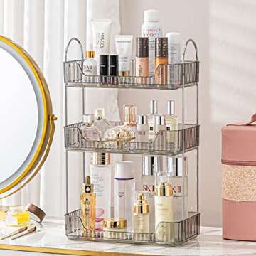 shuang qing Bathroom Counter Organizer Countertop Storage, Cosmetics Skincare Shelf Organizer, Makeup Organizer Perfume for Dresser Vanity Tray, Spice Rack Organizer for Kitchen (3 Tier- Gray)