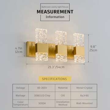 OYLYW Gold Bathroom Vanity Lights Fixtures Over Mirror LED Crystal Modern 3 Light Brushed Stainless Steel Wall Mount Light for Bathroom Lighting Fixtures 3000K 30Watts Warm Light