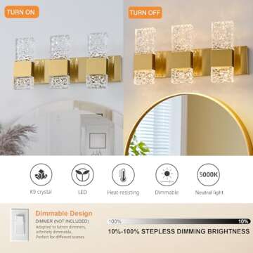 OYLYW Gold Bathroom Vanity Lights Fixtures Over Mirror LED Crystal Modern 3 Light Brushed Stainless Steel Wall Mount Light for Bathroom Lighting Fixtures 3000K 30Watts Warm Light