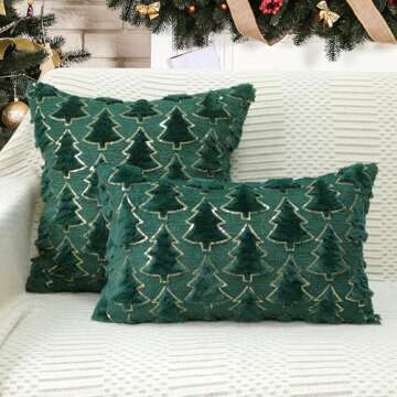 4TH Emotion Christmas Tree Decorative Pillow Covers 18x18 Set of 2, Green Soft Plush Faux Fur Farmhouse Throw Cushion Cases for Xmas Winter Holiday Home Decorations