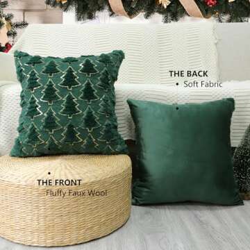 4TH Emotion Christmas Tree Decorative Pillow Covers 18x18 Set of 2, Green Soft Plush Faux Fur Farmhouse Throw Cushion Cases for Xmas Winter Holiday Home Decorations