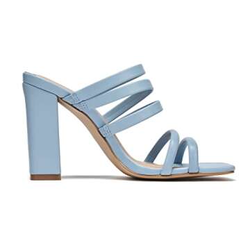 ALLOT Womens Heeled Sandals Strappy Square Open Toe Mid Block Heel Comfy Pump Sandals High Heels Slip On Dressy Summer Casual Fashion Party Shoes(Light Blue PU, 8)