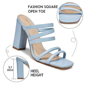 ALLOT Womens Heeled Sandals Strappy Square Open Toe Mid Block Heel Comfy Pump Sandals High Heels Slip On Dressy Summer Casual Fashion Party Shoes(Light Blue PU, 8)