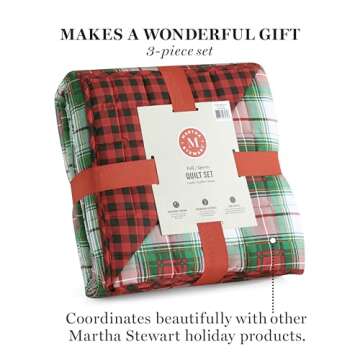 MARTHA STEWART King Size Quilt Bedding Set, Reversible in Red & Green, 3-Piece - 1 Quilt, 2 Standard Shams, Soft Washed Holiday Microfiber Classic Tartan Plaid Bedspread