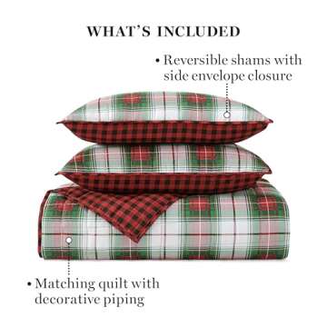 MARTHA STEWART King Size Quilt Bedding Set, Reversible in Red & Green, 3-Piece - 1 Quilt, 2 Standard Shams, Soft Washed Holiday Microfiber Classic Tartan Plaid Bedspread