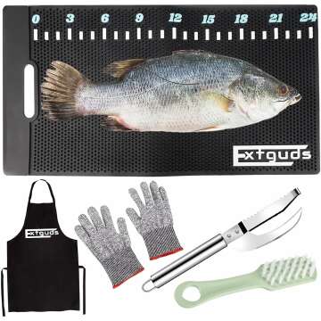 Fish Fillet Mat with Measuring Ruler,Large 28"x14". Fish Fillet Board with 2 in 1 Scale Scraper, Apron, Gloves and Brush for Fish Cleaning and Slicing.Fish Cleaning Mat is Non-slip and Measurable