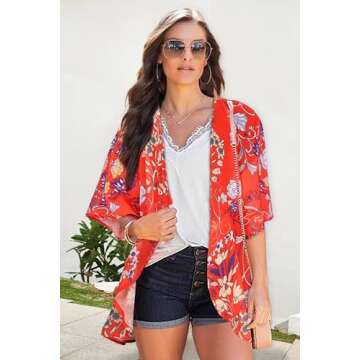 Summer Kimono Cardigan for Women - Boho Red Open Front Beach Cover Up