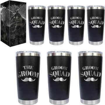 PartyGifts&beyond Groom Squad 20 OZ Stainless Steel Tumbler with Lid and Straw - Set of 7 for Wedding and Bachelor Party Gifts