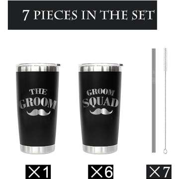 PartyGifts&beyond Groom Squad 20 OZ Stainless Steel Tumbler with Lid and Straw - Set of 7 for Wedding and Bachelor Party Gifts