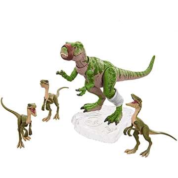 Mattel Jurassic World Toys Amber Collection Baby T Rex & 3 Compsognathus Compy Dinosaur Figures Jurassic Park II Toy with Posable Joints, Authentic Look & Display Stand for 8 Years Old & Up,HBY32