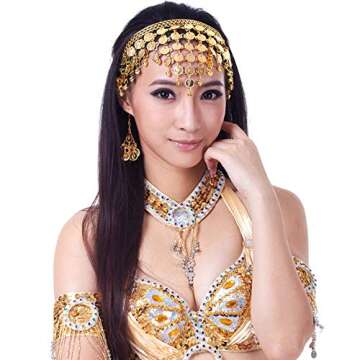 Honbay Belly Dance Hair Hoop Indian Dance Headband Tribal Headband with Bells and Coin Ornaments (Gold)