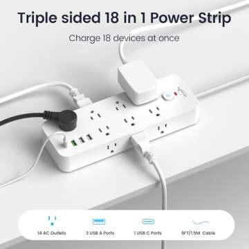 Surge Protector Power Strip with USB Ports, 14 AC Outlets with 4 USB Ports (1 USB C), 5 Feet Extension Cord with Multiple outlets, 1875W/15A, One Touch Switch Button, Wall Mountable for Home, Office