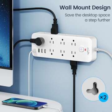 Surge Protector Power Strip with USB Ports, 14 AC Outlets with 4 USB Ports (1 USB C), 5 Feet Extension Cord with Multiple outlets, 1875W/15A, One Touch Switch Button, Wall Mountable for Home, Office