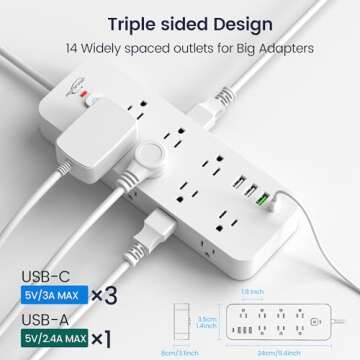 Surge Protector Power Strip with USB Ports, 14 AC Outlets with 4 USB Ports (1 USB C), 5 Feet Extension Cord with Multiple outlets, 1875W/15A, One Touch Switch Button, Wall Mountable for Home, Office