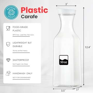 Plastic 8 PACK Large 50 Oz Water Carafe with Flip Top Lid, Square Base Juice Containers, Clear Plastic Pitcher - for Water, Iced Tea, Juice, Beverage, Milk, Cold Brew and Mimosa Bar - HAND WASH ONLY