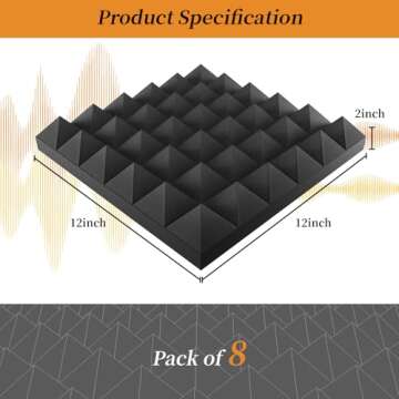 8 Pack Acoustic Foam Panels,12x12x2 inches Sound Proof Foam Panels for Walls, Fast Expand Pyramid Designed High Density Sound Panels Noise Reducing with Self-Adhesive(Black)