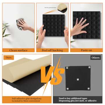 8 Pack Acoustic Foam Panels,12x12x2 inches Sound Proof Foam Panels for Walls, Fast Expand Pyramid Designed High Density Sound Panels Noise Reducing with Self-Adhesive(Black)