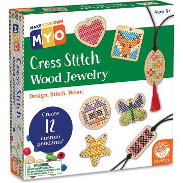 MindWare Make Your Own Cross Stitch – Cute & usable DIY Crafts for Girls & Teens – Make 12 Wooden Pendants – 29 pcs