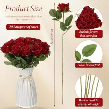 Hotop 20 Pcs Realistic Wine Red Silk Rose Bouquet - Perfect for Weddings, Home & Parties