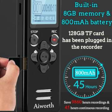 136GB Digital Voice Recorder Voice Activated Recorder for Lectures Meetings - aiworth 9860 Hours Sound Audio Recorder Dictaphone Recording Device with Playback,MP3 Player,Password,Variable Speed.