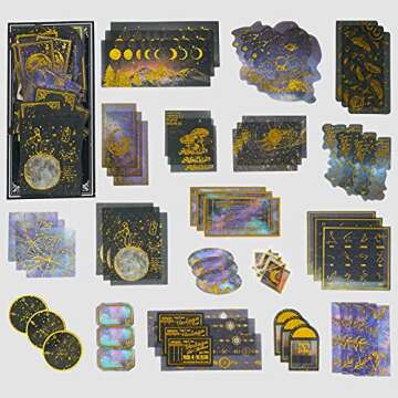 Knaid Celestial Black Gold Foil Stickers Set (60 Pieces) - Decorative Planet Moon Space Galaxy Astronomy Planner Sticker for Scrapbooking Bullet Journaling Junk Journal DIY Art Crafts Album Calendars