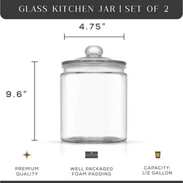 JoyJolt Elegant Cookie Jar. 2 Large Glass Jar With Lid. Jars for Kitchen Counter with Lids, Candy Jar, Decorative Apothecary Canisters, Half Gallon Lid Airtight