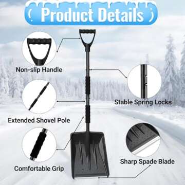 Snow Shovel, 2025 New Upgrade Portable Snow Shovel for Car, Large-Capacity Lightweight Aluminum Car Snow Shovel, Large Car Snow Shovel for Garden, Car, Camping with Extra Ice Scrape(Black)