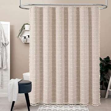 BTTN Boho Stall Shower Curtain, 54x78 Inch Long Textured Linen Heavy Duty Fabric Shower Curtain Set with 10 Plastic Hooks, Narrow Rustic Farmhouse Country Thick Shower Curtains for Bathroom, Tan/Taupe