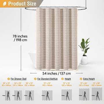 BTTN Boho Stall Shower Curtain, 54x78 Inch Long Textured Linen Heavy Duty Fabric Shower Curtain Set with 10 Plastic Hooks, Narrow Rustic Farmhouse Country Thick Shower Curtains for Bathroom, Tan/Taupe