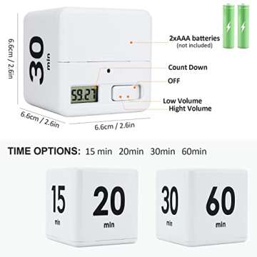 Feilifan Cube Timer, Time, Kitchen Timer Kids Timer for ADHD Productivity Workout Flip Timer Classroom for StudyTime Countdown Management Settings 15 20 30 60 Minutes-White