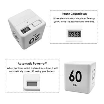 Feilifan Cube Timer, Time, Kitchen Timer Kids Timer for ADHD Productivity Workout Flip Timer Classroom for StudyTime Countdown Management Settings 15 20 30 60 Minutes-White