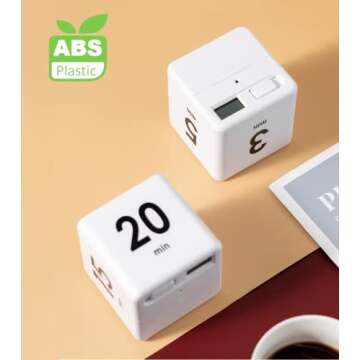 Feilifan Cube Timer, Time, Kitchen Timer Kids Timer for ADHD Productivity Workout Flip Timer Classroom for StudyTime Countdown Management Settings 15 20 30 60 Minutes-White