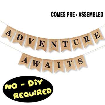 LINGTEER Adventure Awaits Burlap Banner Bunting Bon Voyage Travel Retirement Graduations Wedding Party Pennant Decorations Supplies - [Pre Strung].