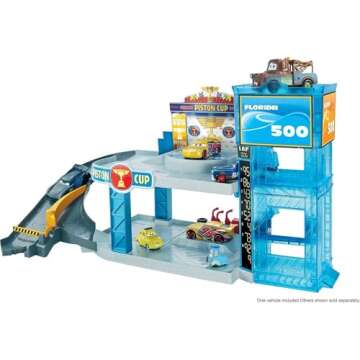 Mattel Disney and Pixar Cars Playset with Lightning McQueen Toy Car & Working Elevator, Florida 500 Racing Garage