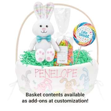 Let's Make Memories Personalized Easter Basket - Create Your Own - Wicker Basket - Embroidered Liner - Medium - Pink Lots of Bunnies