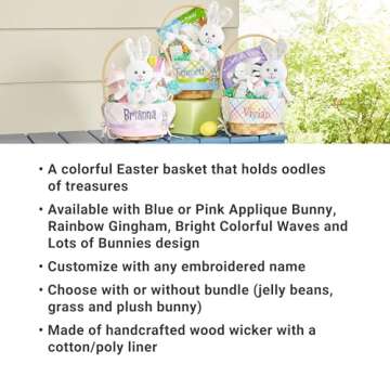 Let's Make Memories Personalized Easter Basket - Create Your Own - Wicker Basket - Embroidered Liner - Medium - Pink Lots of Bunnies