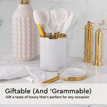 STYLED SETTINGS White Silicone & Gold Kitchen Utensils Set - Stainless Steel Gold Cooking Tools for Modern Kitchens - Luxe White & Gold Utensils for Home Chefs - Stylish Gold Kitchen Accessories