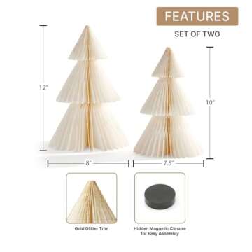 LampLust Winter Ornaments, 2 Pack White Honeycomb Paper Trees, 10 & 12 Inch, Neutral Decor, Winter Wonderland Decorations, Valentines Day Decorations, Winter Decorations for Home, Winter Mantel Decor