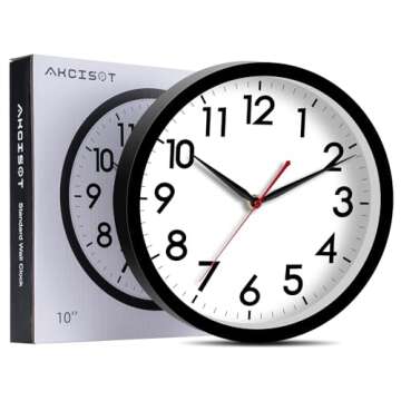 AKCISOT Wall Clock 10 Inch Silent Non-Ticking Modern Clocks Battery Operated - Analog Small Classic for Office, Home, Bathroom, Kitchen, Bedroom, School, Living Room(Black)