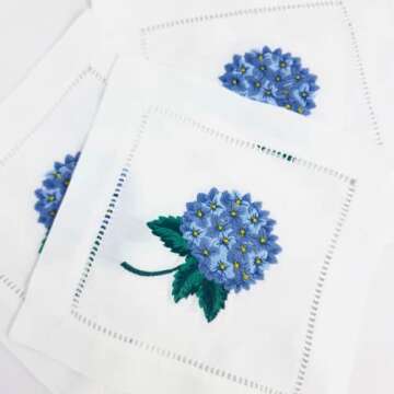 HCRAFT Embroidered White Cocktail Napkins 6"x6" Set of 6 Cloth Napkin Coasters, Hydrangea Embroidered Cocktail Napkins for Christmas Cocktail Napkins Parties, Ladder Hemstitch, Great Present Ideas