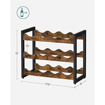 SONGMICS Wine Rack, 3 Tier Tabletop Wine Water Bottle Organizer Storage, Large Capacity Holds 12 Bottles, Bamboo Countertop Wine Holder Shelf for Kitchen Bar Cabinets Pantry, Rustic Brown and Black